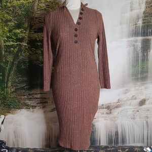 New with tags! Womens Medium Maternity Brown Ribbed Vneck Knit Long Sleeve Dress